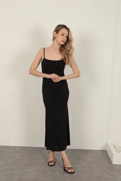 Sandy Kumaş İp Askılı Basic Elbise-Siyah - Resim 3