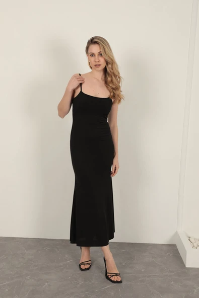 Sandy Kumaş İp Askılı Basic Elbise-Siyah - Resim 2