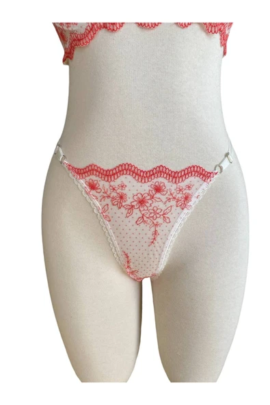 İNSPİRA Dantelli Balenli Brode Sütyen Külot Takım Kırmızı Çiçek Desenli Tanga - 4