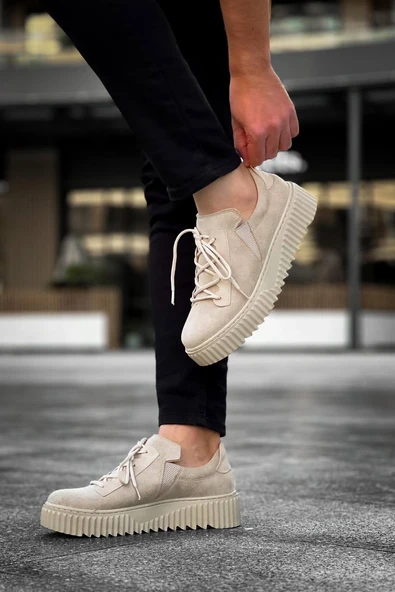 KB-X502  Kuback Bej Süet Yüksek Bej Taban Bağcık Detaylı Lastikli Günlük Erkek Ayakkabı - Resim 3