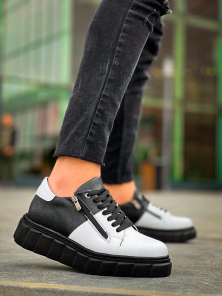 KB-X155 Kuback Beyaz Cilt Siyah Cilt Detaylı Siyah Yüksek Taban Günlük Spor Ayakkabı - Resim 4