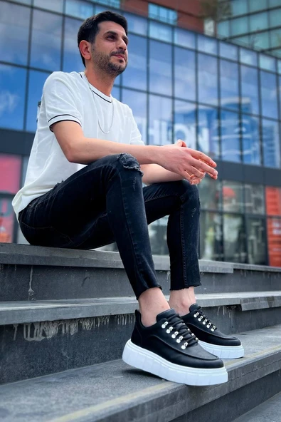 KB-X10 Kuback Siyah Cilt  Beyaz Yüksek Taban Günlük Spor Ayakkabı - Resim 3