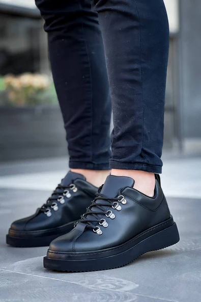 KB-X4  Kuback Siyah Cilt Siyah Yüksek Taban Bağcıklı Günlük Erkek Ayakkabı - Resim 3