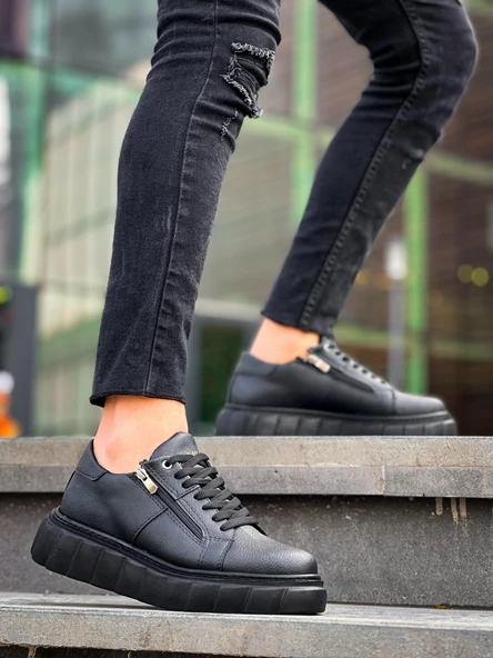 KB-X155 Kuback Siyah Cilt Detaylı Siyah Yüksek Taban Günlük Spor Ayakkabı - Resim 2