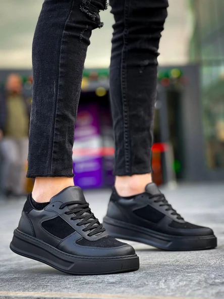 KB-X8 Kuback Siyah Cilt Siyah Süet  Detaylı Siyah Yüksek Taban Günlük Spor Ayakkabı - Resim 2