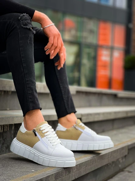 KB-X155 Kuback Beyaz Cilt Bej Süet Detaylı Beyaz Yüksek Taban Günlük Spor Ayakkabı - Resim 4