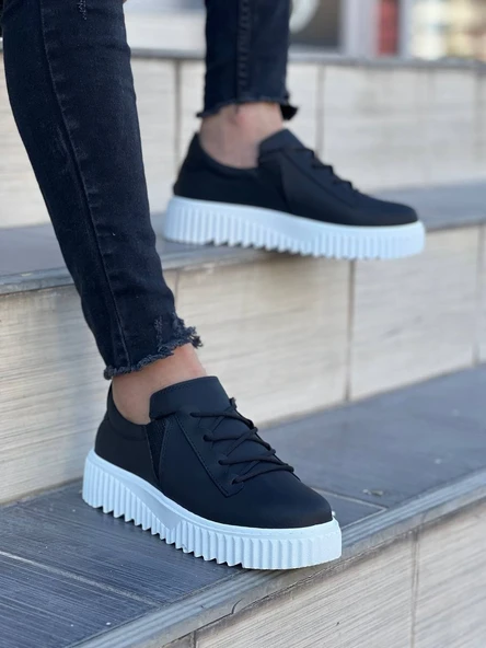 KB-X502  Kuback Siyah Cilt Yüksek Beyaz Taban Bağcık Detaylı Lastikli Günlük Erkek Ayakkabı - Resim 2