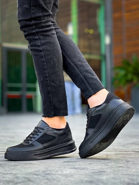 KB-X8 Kuback Siyah Cilt Siyah Süet  Detaylı Siyah Yüksek Taban Günlük Spor Ayakkabı - Resim 4