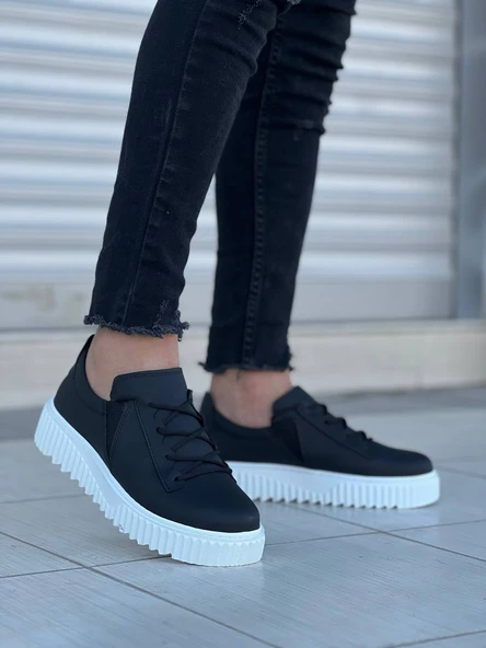 KB-X502  Kuback Siyah Cilt Yüksek Beyaz Taban Bağcık Detaylı Lastikli Günlük Erkek Ayakkabı - Resim 3