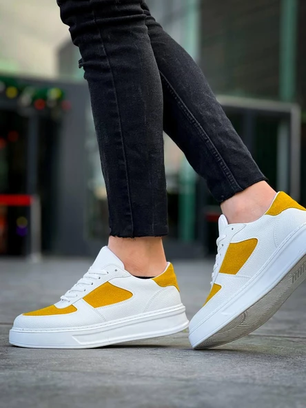 KB-X8 Kuback Beyaz Cilt Sarı Süet Detaylı Beyaz Yüksek Taban Günlük Spor Ayakkabı - Resim 4