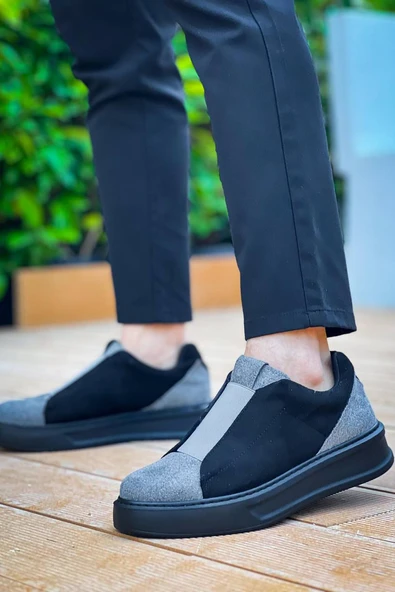 KB-007  Kuback Siyah Gri Siyah Yüksek Taban Tek Bant Bağcıksız Günlük Erkek - 3