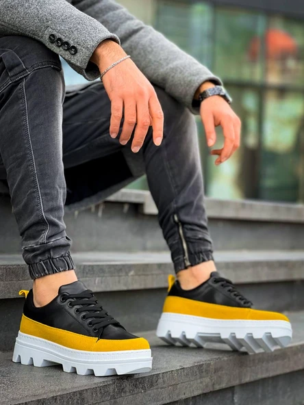 KB-056 Kuback Siyah Sarı Detaylı Beyaz Yüksek Taban Günlük Spor Ayakkabı ürün görseli