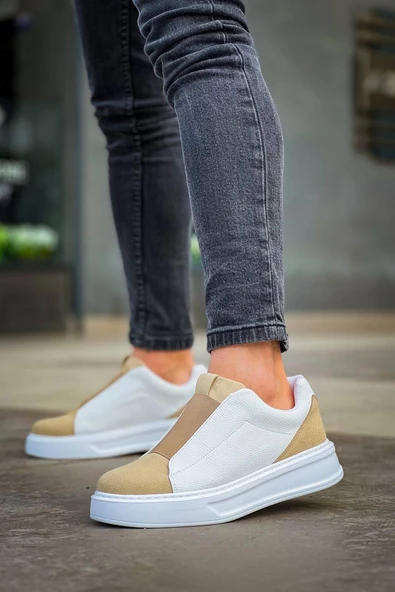 KB-007  Kuback  Beyaz Bej Yüksek Taban Tek Bant Bağcıksız Günlük Erkek Ayakkabı - Resim 2