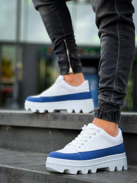 KB-056 Kuback Beyaz Mavi Detaylı Beyaz Yüksek Taban Günlük Spor Ayakkabı - 2