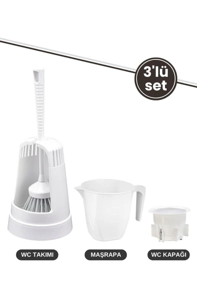 3’lü WC Tuvalet Temzilk Seti, Klasik WC Fırça Takımı + Maşrapa 1,5 Lt + Sessiz WC Kapağı Seti BEYAZ ürün görseli 1