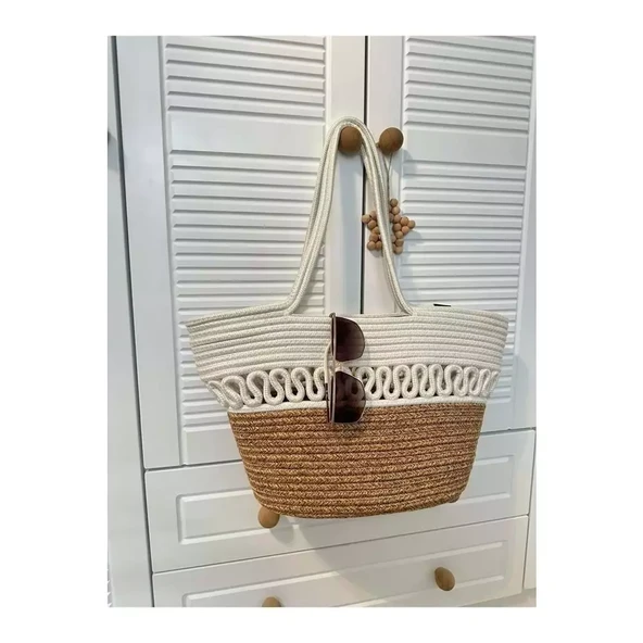 Doğal Hasır Jüt El Örmesi Günlük Kullanım ve Plaj İçin Uygun Bayan Çanta-Bej Beyaz Trikotlu - 3