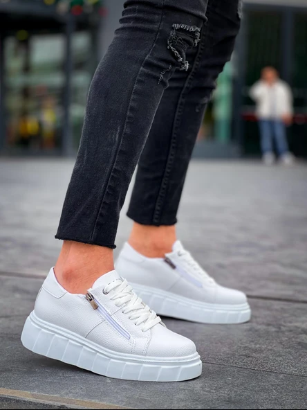 KB-X155 Kuback Beyaz Cilt Detaylı Beyaz Yüksek Taban Günlük Spor Ayakkabı - Resim 3