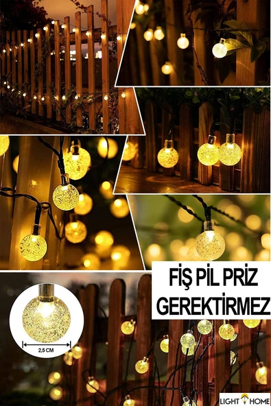 LightHome Güneş Enerjili Işıklar 50 Led 7 Metre Sarı Kristal Küre 8 Modlu Bahçe Düğün Parti Dekor Işıkları - Resim 5