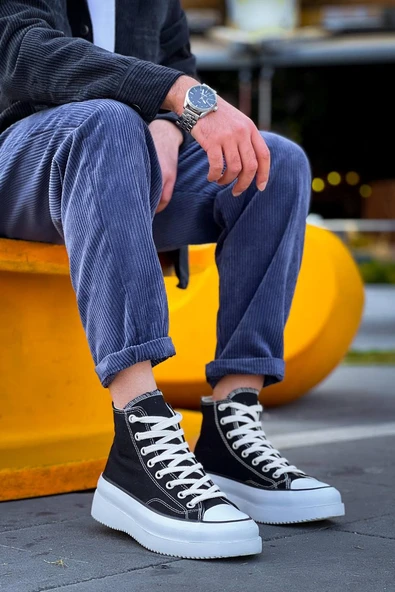 KB-CX-3 Kuback Uzun Siyah Keten Beyaz Yüksek Taban Spor Ayakkabı - Resim 3