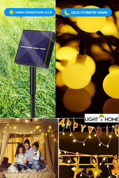 LightHome 50 Led 7 Metre Sarı Led Işık Güneş Enerjili Solar Bahçe Balkon Ağaç Lambası Aydınlatması Tasarruflu - Resim 6