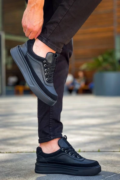 KB-006 Kuback Siyah Cilt Siyah Yüksek Taban Bağcıklı Günlük Erkek Ayakkabı - Resim 4