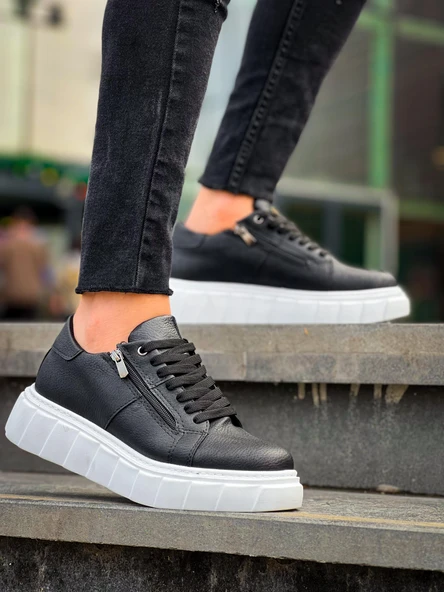 KB-X155 Kuback Siyah Cilt Detaylı Beyaz Yüksek Taban Günlük Spor Ayakkabı - Resim 2