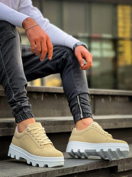 KB-056 Kuback Bej Süet Beyaz Yüksek Taban Günlük Spor Ayakkabı ürün görseli