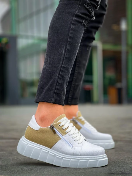 KB-X155 Kuback Beyaz Cilt Bej Süet Detaylı Beyaz Yüksek Taban Günlük Spor Ayakkabı - Resim 2