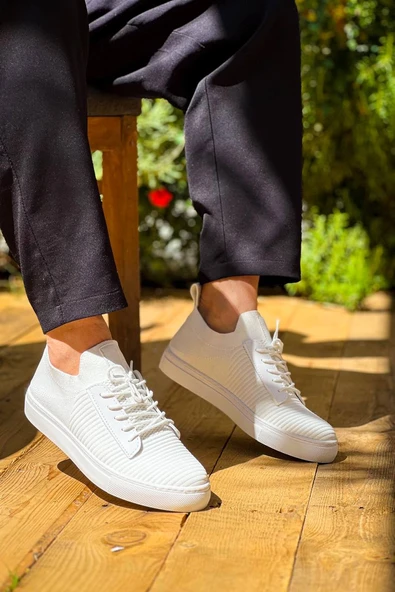 KB-110  Kuback Beyaz Triko Yüksek Taban Bağcıklı Günlük Erkek Ayakkabı - Resim 3