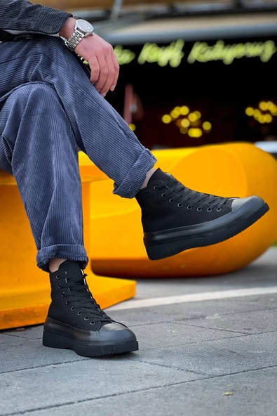 KB-CX-3 Kuback Uzun Siyah Keten Siyah Yüksek Taban Spor Ayakkabı - Resim 2