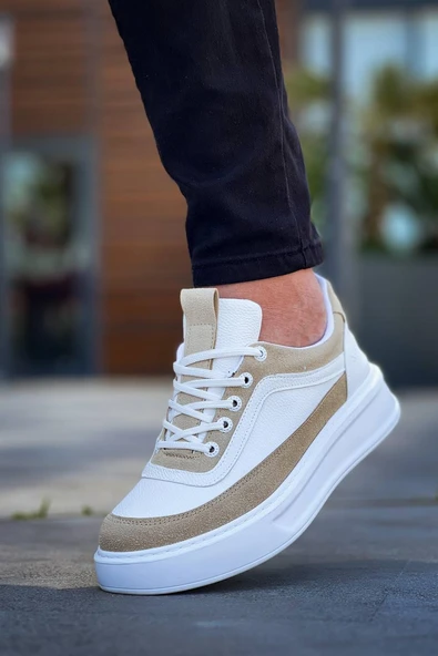 KB-006 Kuback Beyaz Cilt Bej Süet  Yüksek Taban Bağcıklı Günlük Erkek Ayakkabı - Resim 3