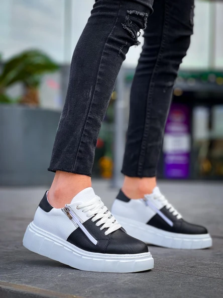 KB-X155 Kuback Siyah Cilt Beyaz Cilt Detaylı Beyaz Yüksek Taban Günlük Spor Ayakkabı - Resim 3