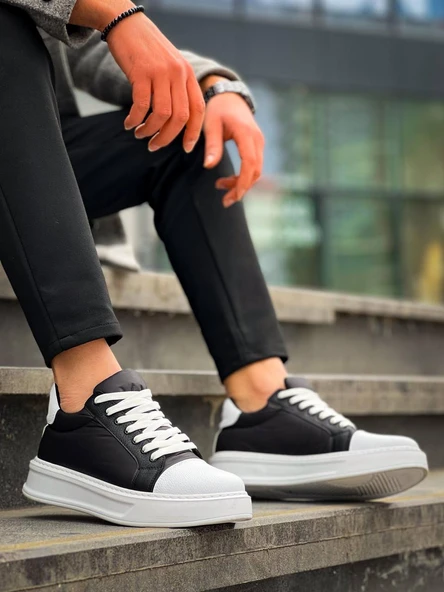 KB-X46 Kuback Siyah Beyaz Yüksek Beyaz Taban Günlük Spor Ayakkabı - Resim 2