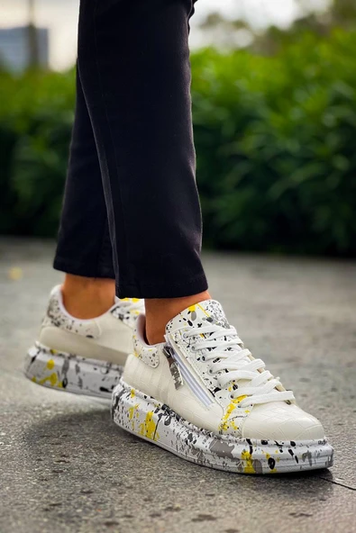 KB-02  Kuback  Bağcıklı Crocodile Beyaz Sarı Günlük Erkek Ayakkabı - Resim 4