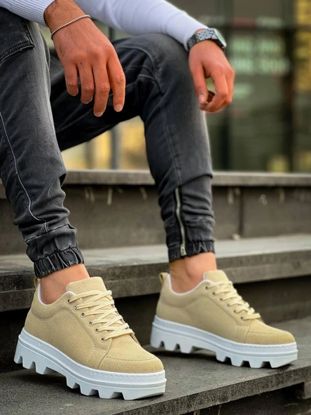 KB-056 Kuback Bej Süet Beyaz Yüksek Taban Günlük Spor Ayakkabı - Resim 3