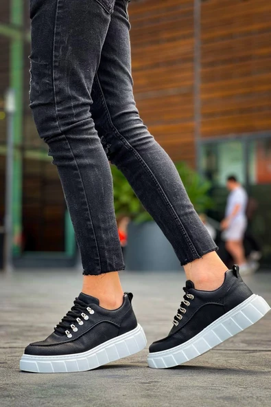 KB-X10 Kuback Siyah Cilt  Beyaz Yüksek Taban Günlük Spor Ayakkabı - Resim 4