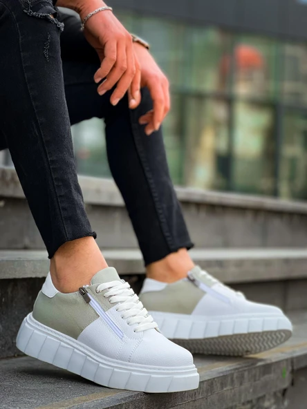 KB-X155 Kuback Beyaz Cilt Gri Süet Detaylı Beyaz Yüksek Taban Günlük Spor Ayakkabı ürün görseli