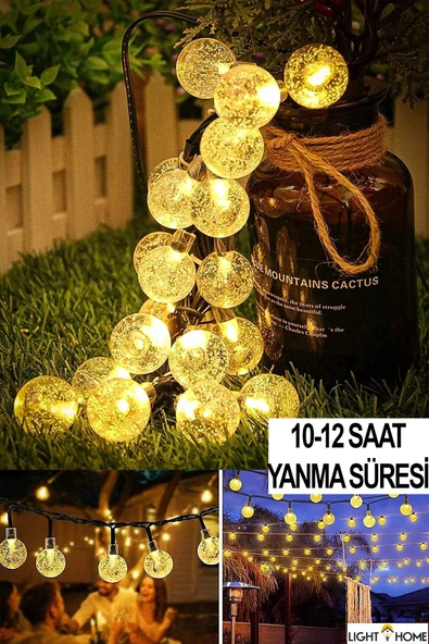 LightHome Güneş Enerjili Işıklar 50 Led 7 Metre Sarı Kristal Küre 8 Modlu Bahçe Düğün Parti Dekor Işıkları - Resim 3