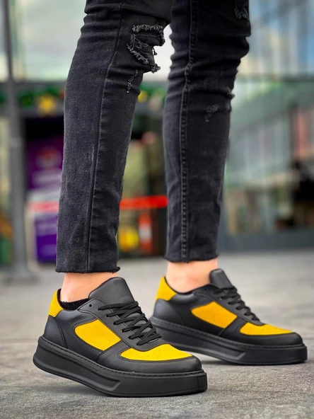 KB-X8 Kuback Siyah Sarı Cilt Yüksek Taban Günlük Spor Ayakkabı - Resim 3