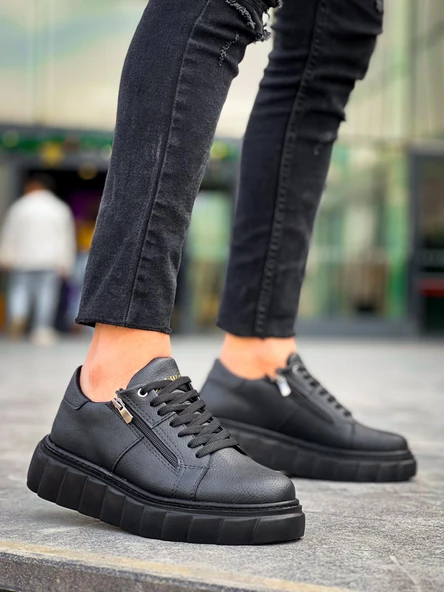 KB-X155 Kuback Siyah Cilt Detaylı Siyah Yüksek Taban Günlük Spor Ayakkabı - Resim 3