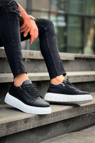 KB-X155 Kuback Siyah Cilt Detaylı Beyaz Yüksek Taban Günlük Spor Ayakkabı ürün görseli