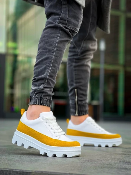 KB-056 Kuback Beyaz Sarı Detaylı Beyaz Yüksek Taban Günlük Spor Ayakkabı - Resim 4