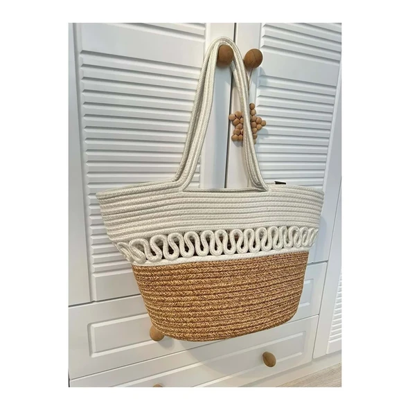 Doğal Hasır Jüt El Örmesi Günlük Kullanım ve Plaj İçin Uygun Bayan Çanta-Bej Beyaz Trikotlu - 2