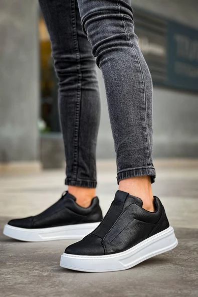 KB-007  Kuback Siyah Beyaz Yüksek Taban Tek Bant Bağcıksız Günlük Erkek Ayakkabı - Resim 2