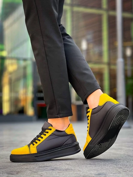 KB-X46 Kuback Siyah Sarı Yüksek Siyah Taban Günlük Spor Ayakkabı - Resim 3