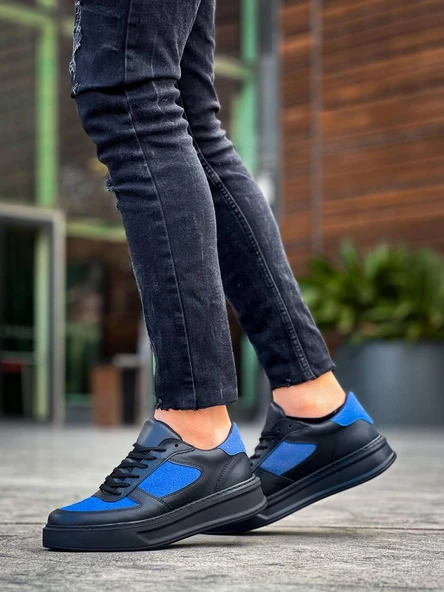 KB-X8 Kuback Siyah Cilt Mavi Süet Detaylı Siyah Yüksek Taban Günlük Spor Ayakkabı - Resim 4