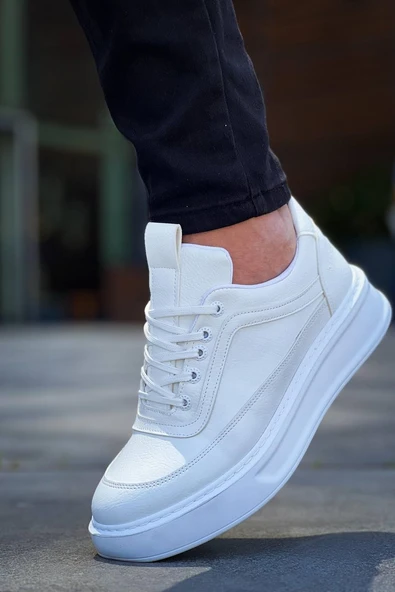 KB-006 Kuback Beyaz Cilt  Yüksek Taban Bağcıklı Günlük Erkek Ayakkabı - Resim 3