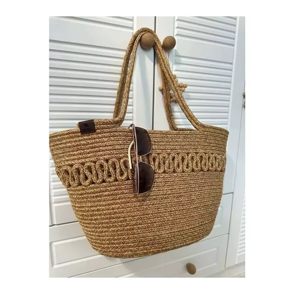 Doğal Hasır Jüt El Örmesi Günlük Kullanım ve Plaj İçin Uygun Bayan Çanta-Bej Kırçıllı Trikotlu