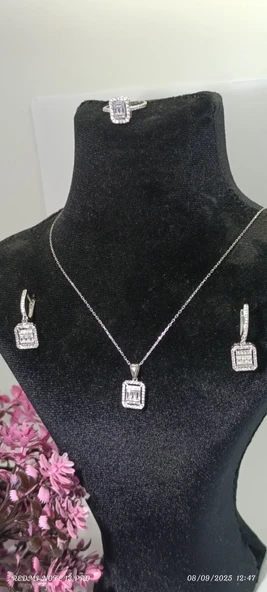 BAGET TAŞLI KOLYE YÜZÜK KÜPE SET - 5