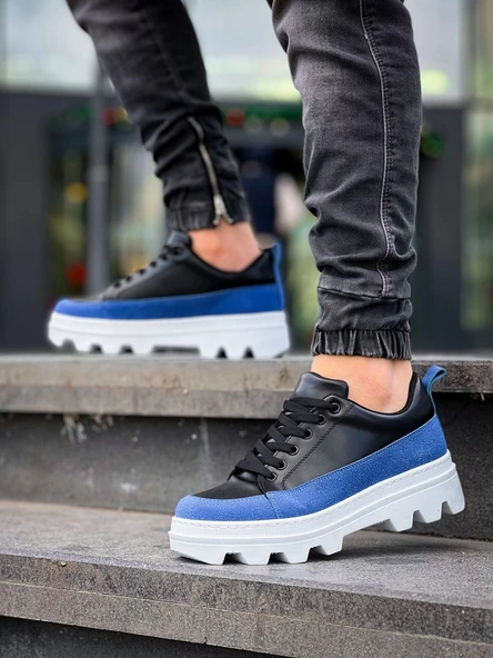 KB-056 Kuback Siyah Mavi Detaylı Beyaz Yüksek Taban Günlük Spor Ayakkabı - Resim 3